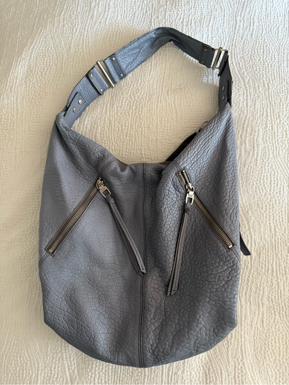 Kooba Gray Textured Leather Shoulder Hobo with Dual Zip Fronts